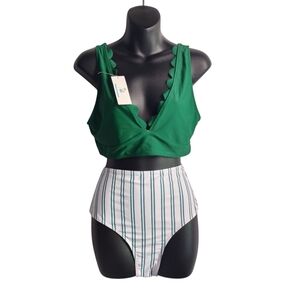 Beachsissi Striped V-Neck Bikini Set Green White Two Pieces Swimsui SZ XL NWT